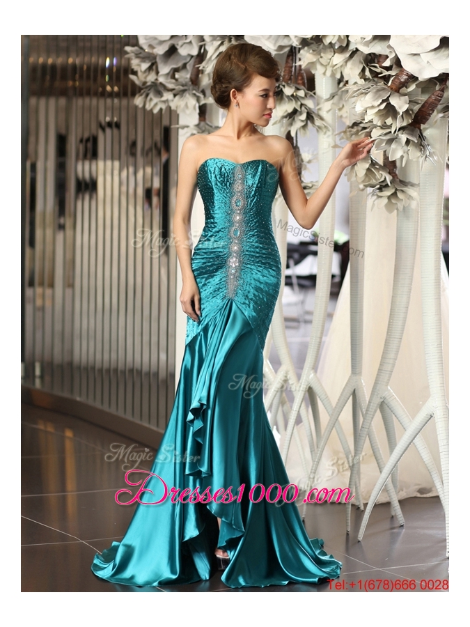 Luxurious Mermaid Brush Train Beaded Prom Dresses in Teal