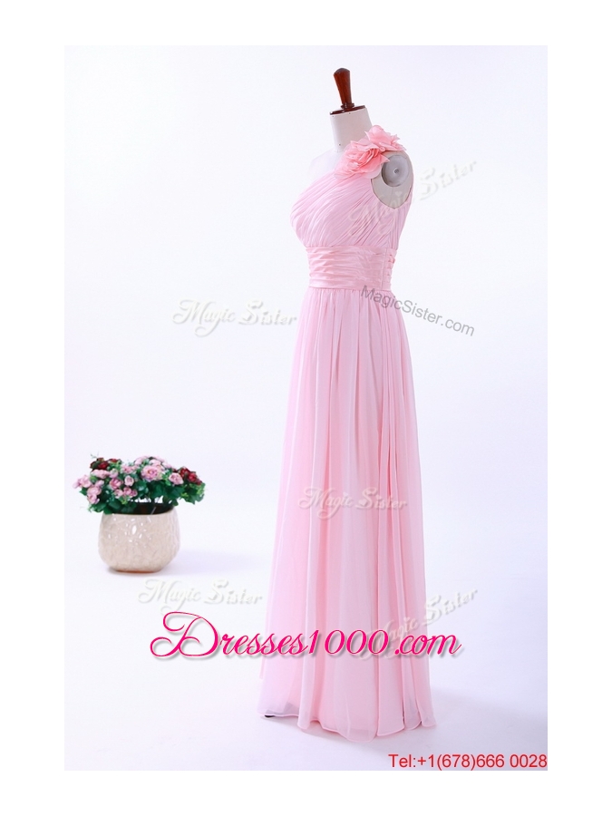 2016 Fall Custom Made Empire One Shoulder Hand Made Flowers Prom Dresses in Baby Pink