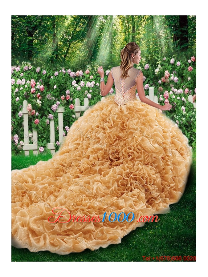 2016 Luxurious Ball Gown Straps Court Train 2016 Quinceanera Dresses with Beading