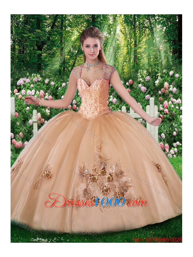 2016 New Style Straps Champange Quinceanera Dresses with Beading and Appliques