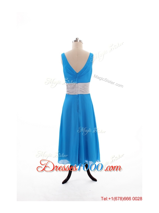 2016 Spring Empire V Neck Tea Length Prom Dresses with Belt