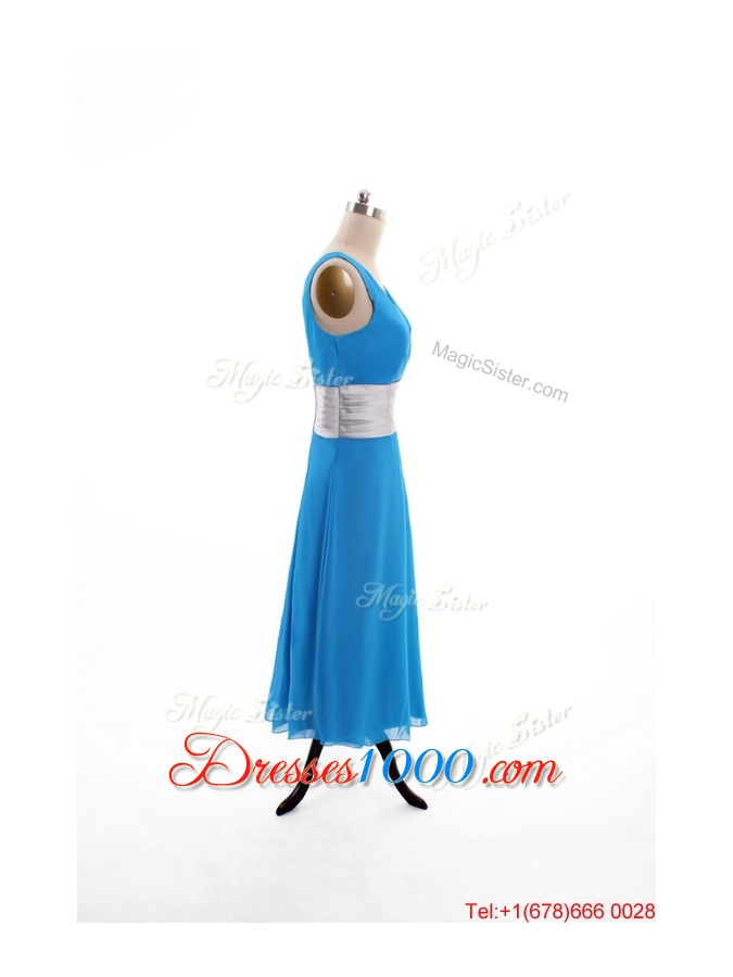 2016 Spring Empire V Neck Tea Length Prom Dresses with Belt