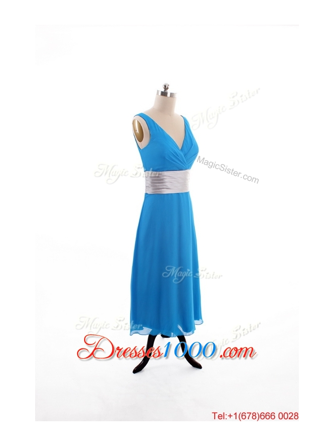 2016 Spring Empire V Neck Tea Length Prom Dresses with Belt