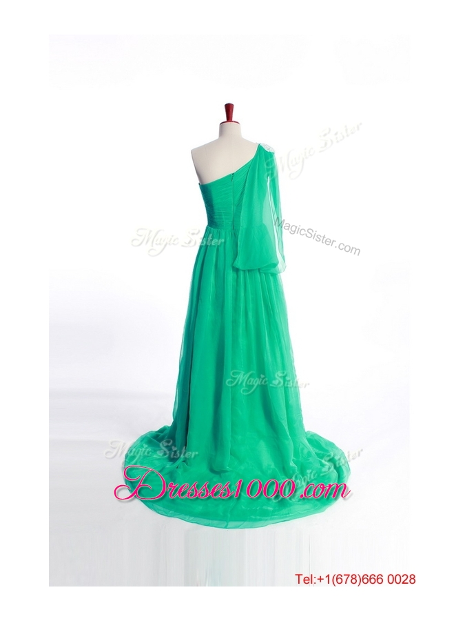 Affordable Appliques Green Long Prom Dress with Sweep Train for 2016