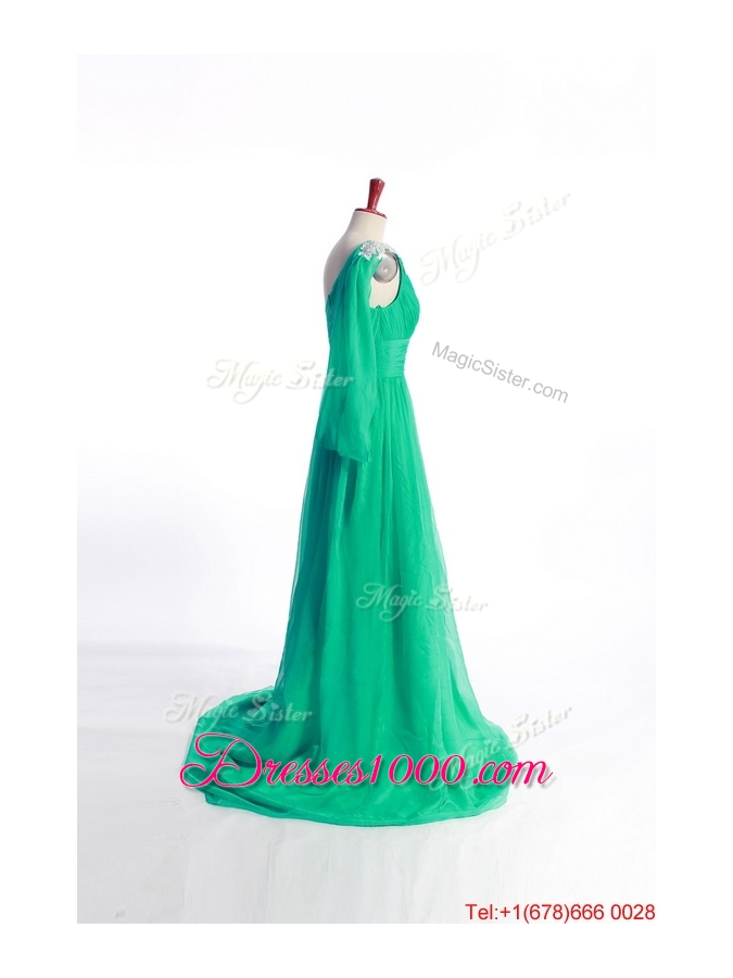Affordable Appliques Green Long Prom Dress with Sweep Train for 2016