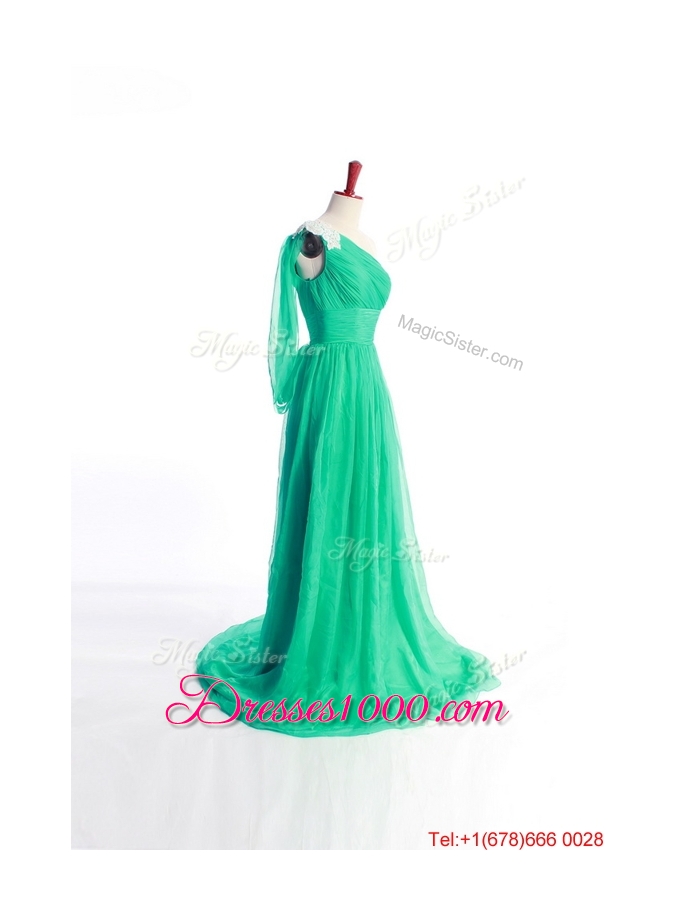 Affordable Appliques Green Long Prom Dress with Sweep Train for 2016
