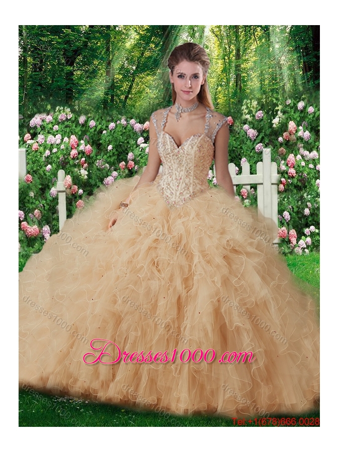 Beautiful Straps Beading 2016 Quinceanera Gowns in Champange