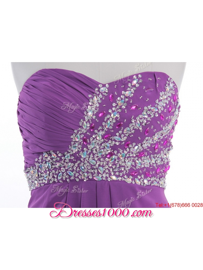 Fashionable Beaded Court Train Prom Dresses in Eggplant Purple