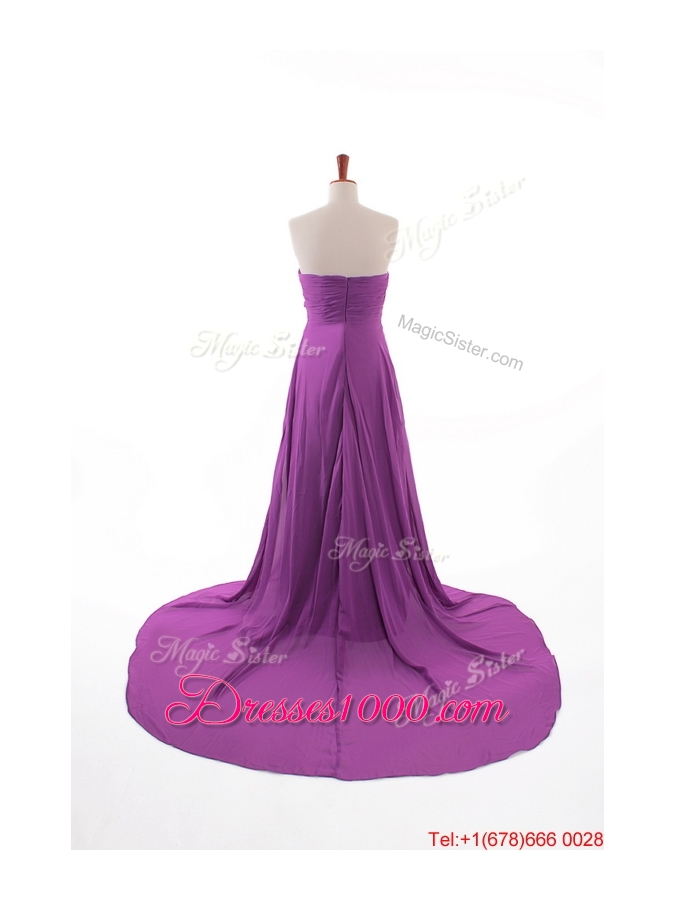Fashionable Beaded Court Train Prom Dresses in Eggplant Purple