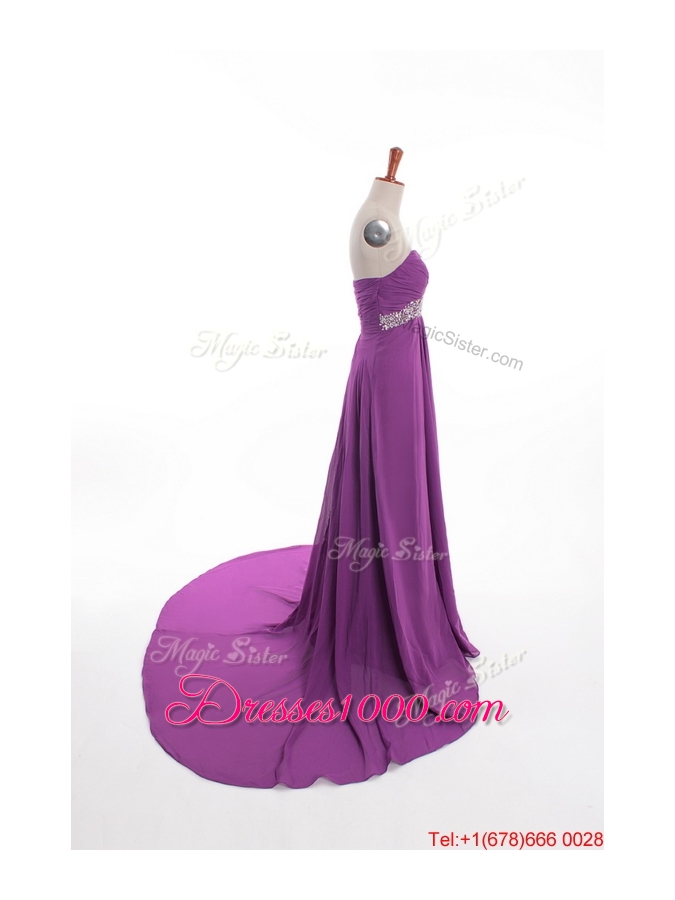Fashionable Beaded Court Train Prom Dresses in Eggplant Purple