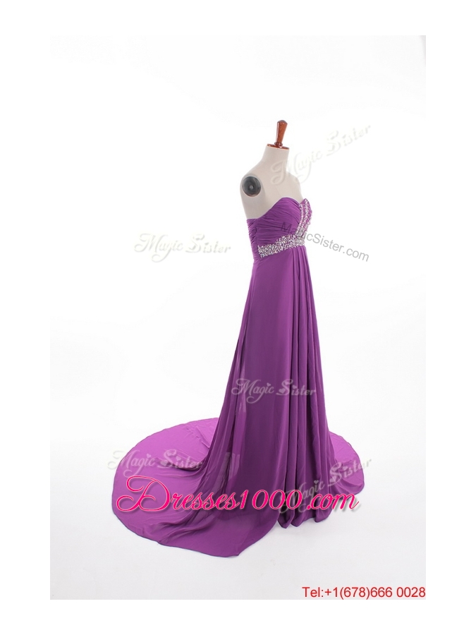 Fashionable Beaded Court Train Prom Dresses in Eggplant Purple