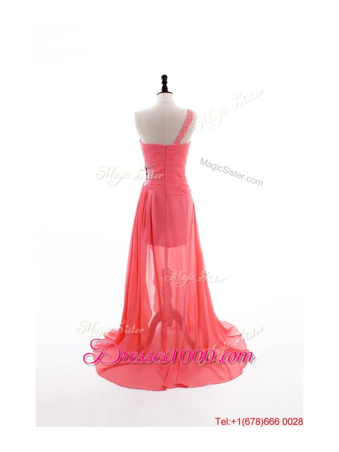 Gorgeous Column One Shoulder Watermelon Prom Dresses with Ruching