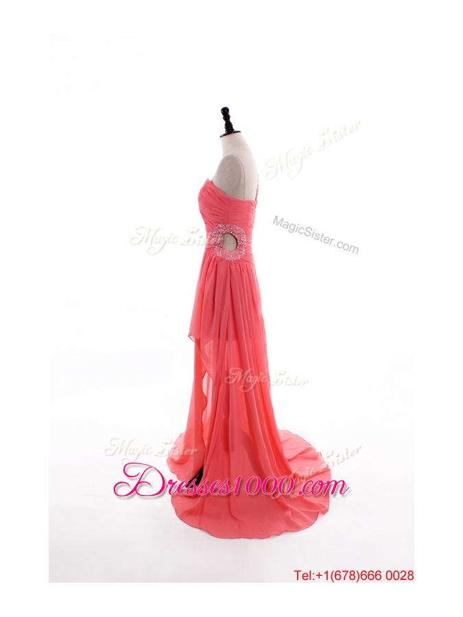 Gorgeous Column One Shoulder Watermelon Prom Dresses with Ruching