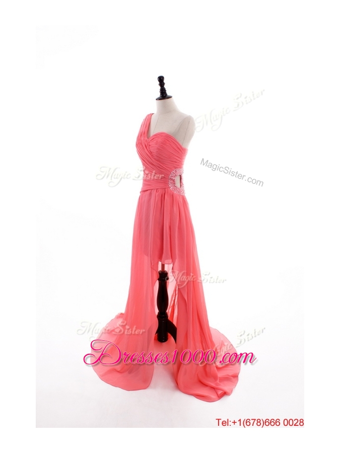 Gorgeous Column One Shoulder Watermelon Prom Dresses with Ruching