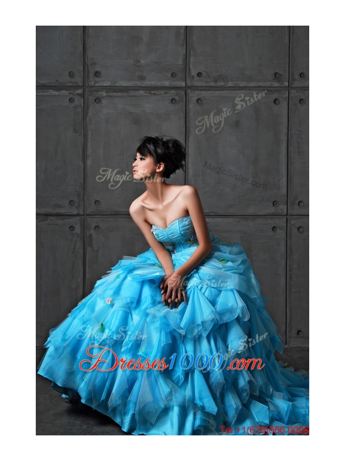 Great Perfect Ball Gown Appliques and Ruffles Wedding Gowns in Aqua Blue