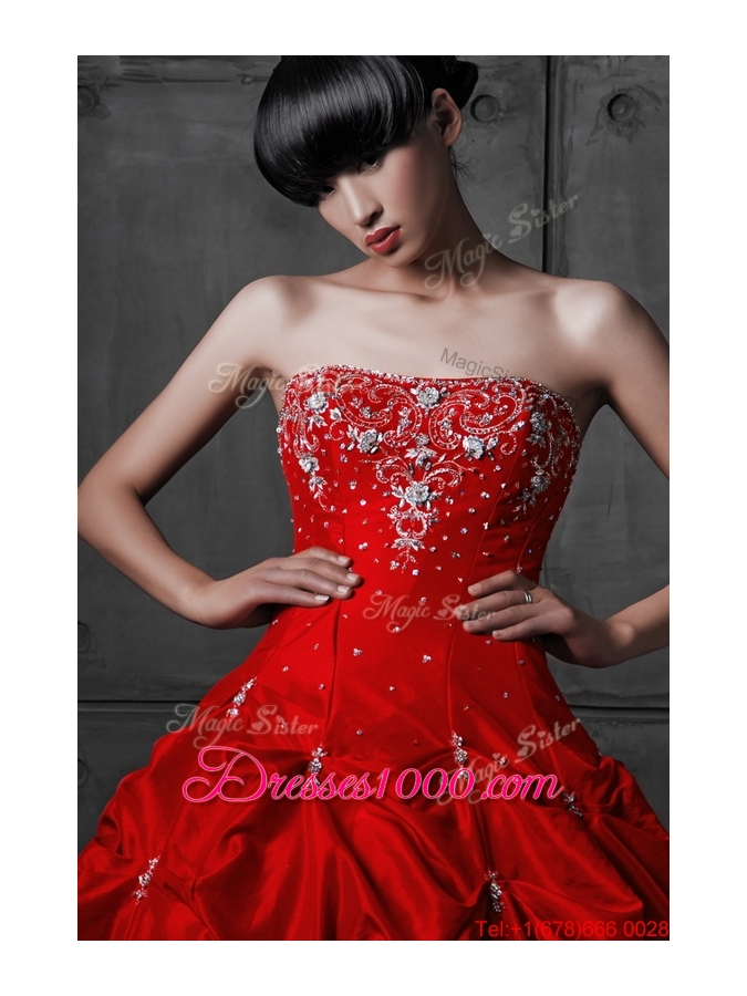 Great Pretty Princess Taffeta Red Wedding Dresses with Beading and Pick Ups