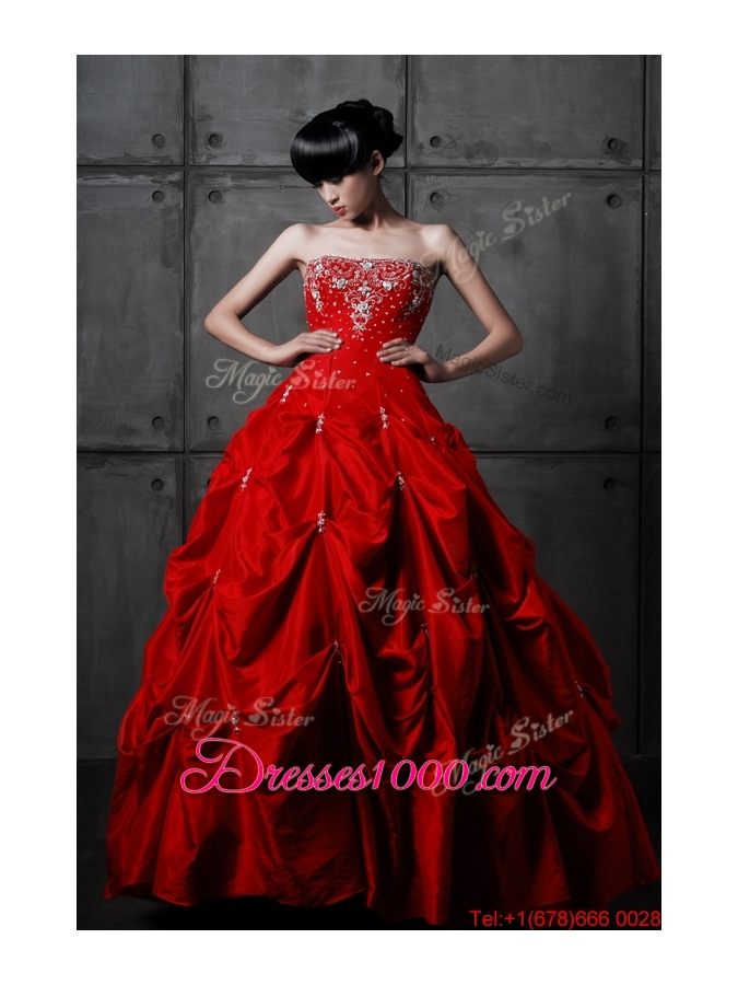 Great Pretty Princess Taffeta Red Wedding Dresses with Beading and Pick Ups