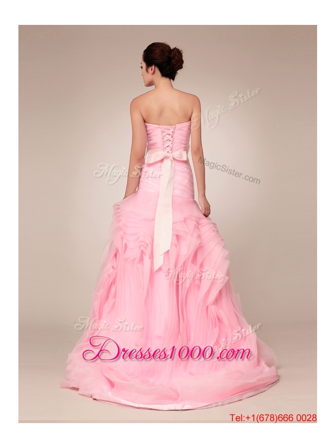 Great Remarkable Baby Pink Wedding Dresses with Rolling Flowers and Bowknot