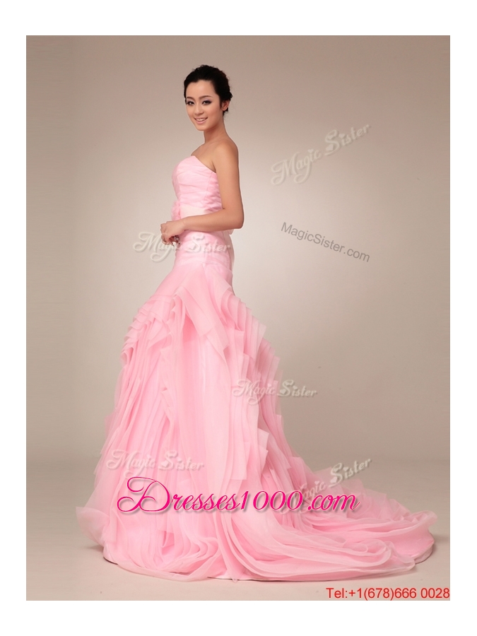 Great Remarkable Baby Pink Wedding Dresses with Rolling Flowers and Bowknot