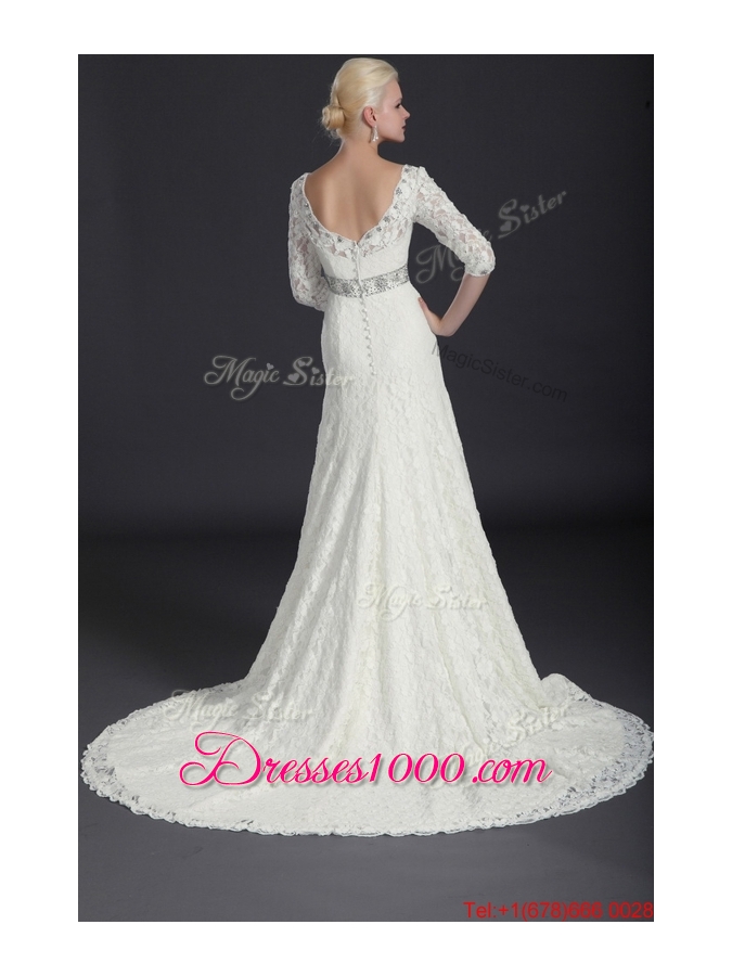 Pretty Beautiful Empire Lace White Long Wedding Dresses with Court Train for 2016
