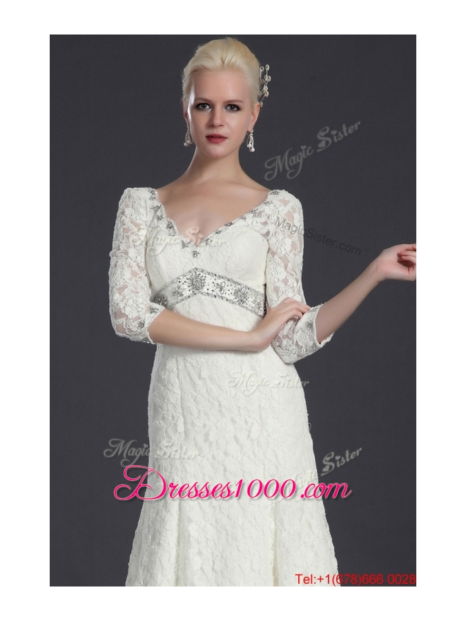 Pretty Beautiful Empire Lace White Long Wedding Dresses with Court Train for 2016