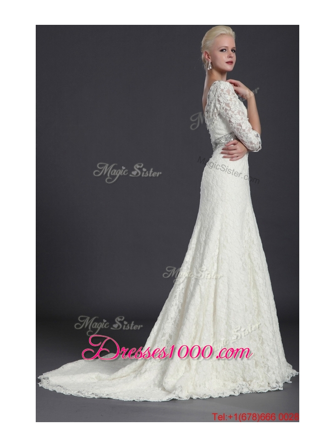 Pretty Beautiful Empire Lace White Long Wedding Dresses with Court Train for 2016