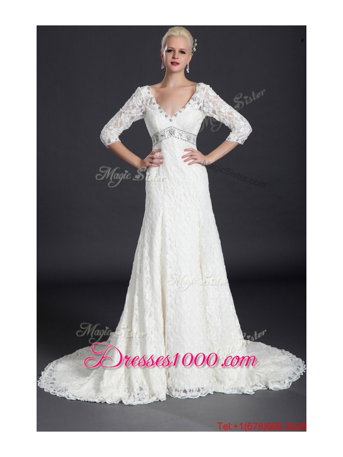 Pretty Beautiful Empire Lace White Long Wedding Dresses with Court Train for 2016