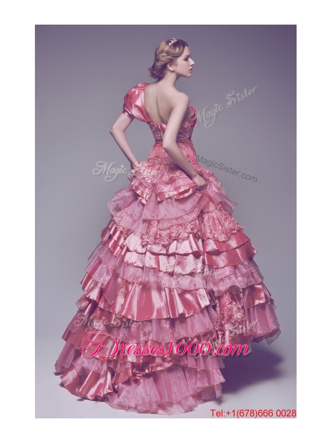 Pretty Beautiful One Shoulder Rose Pink Wedding Dresses with Beading and Ruffles