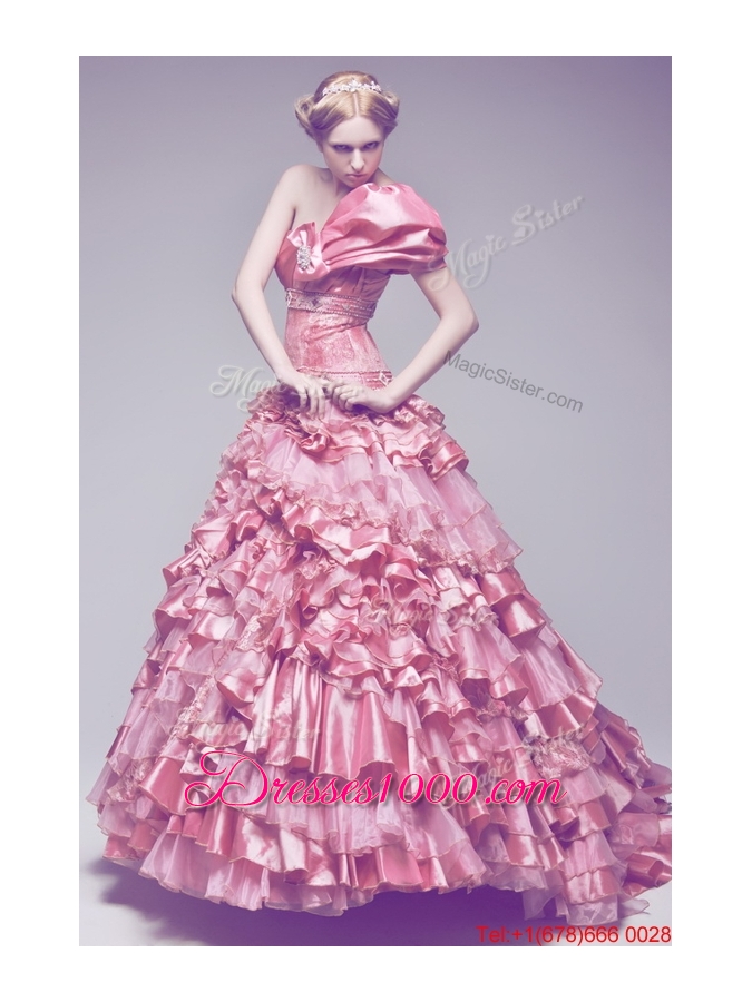 Pretty Beautiful One Shoulder Rose Pink Wedding Dresses with Beading and Ruffles