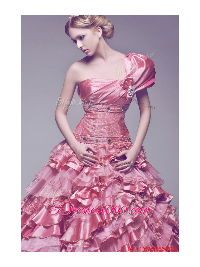 Pretty Beautiful One Shoulder Rose Pink Wedding Dresses with Beading and Ruffles