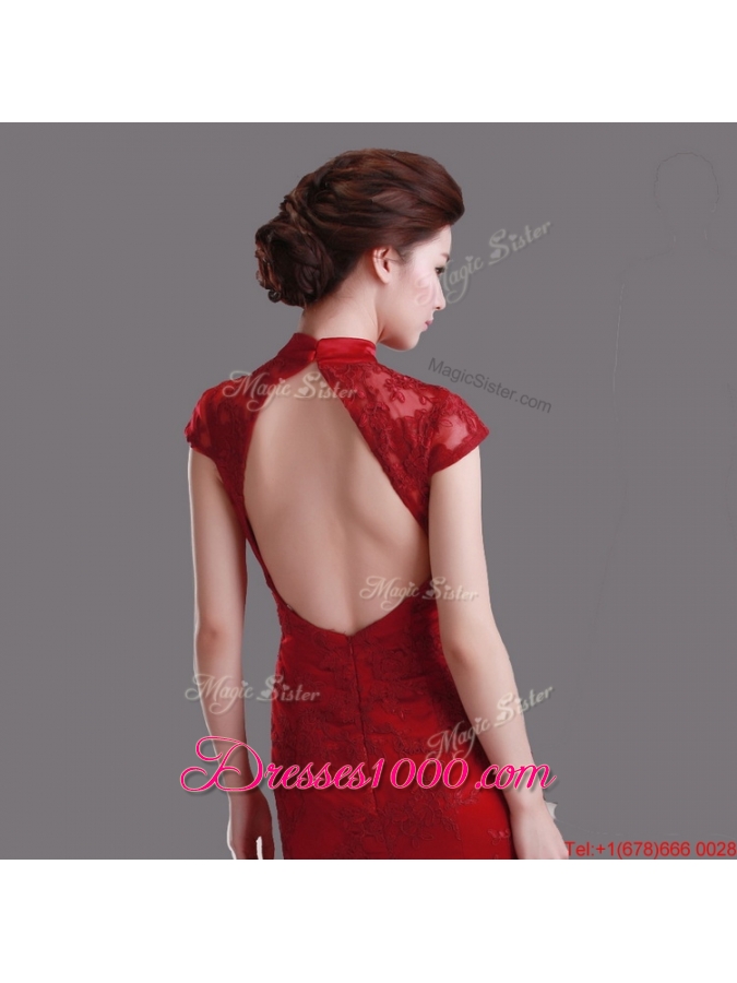 Pretty Exquisite Cap Sleeves Mermaid Wine Red Wedding Dresses with Brush Train