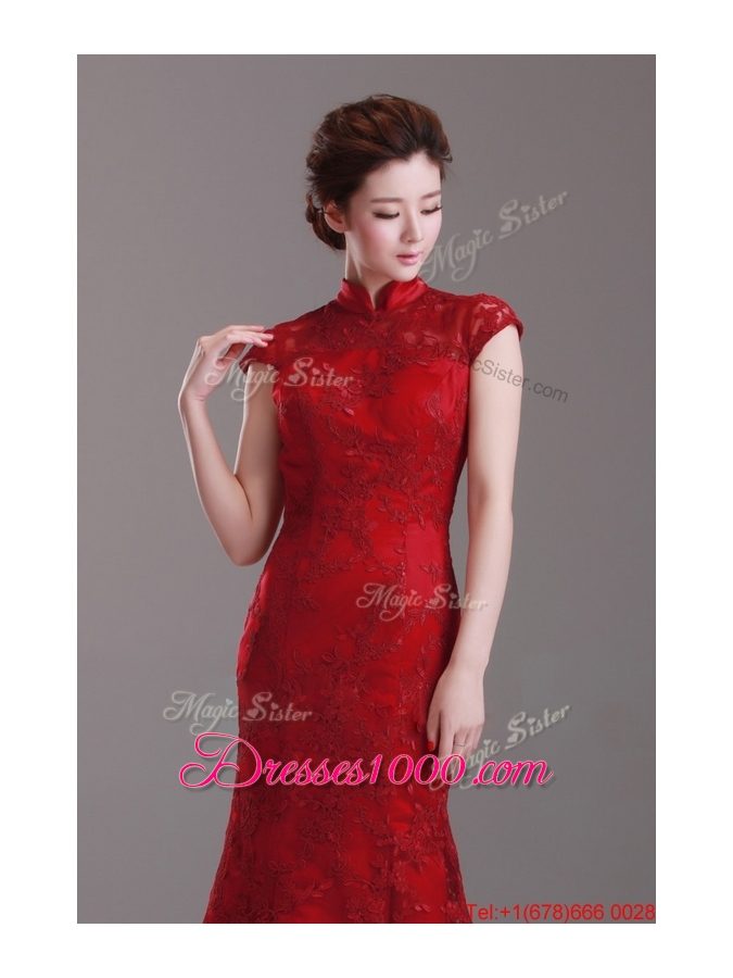 Pretty Exquisite Cap Sleeves Mermaid Wine Red Wedding Dresses with Brush Train