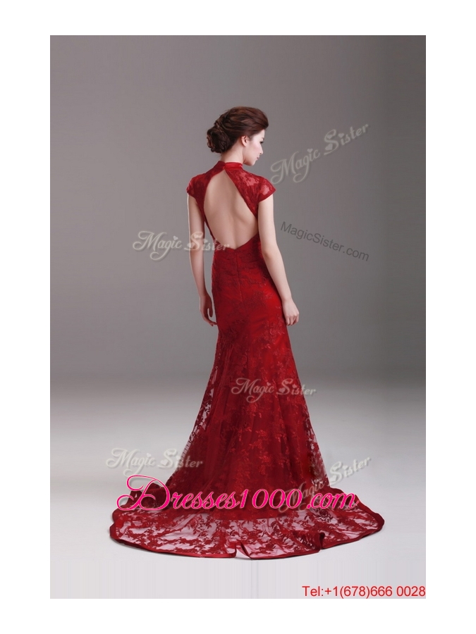 Pretty Exquisite Cap Sleeves Mermaid Wine Red Wedding Dresses with Brush Train