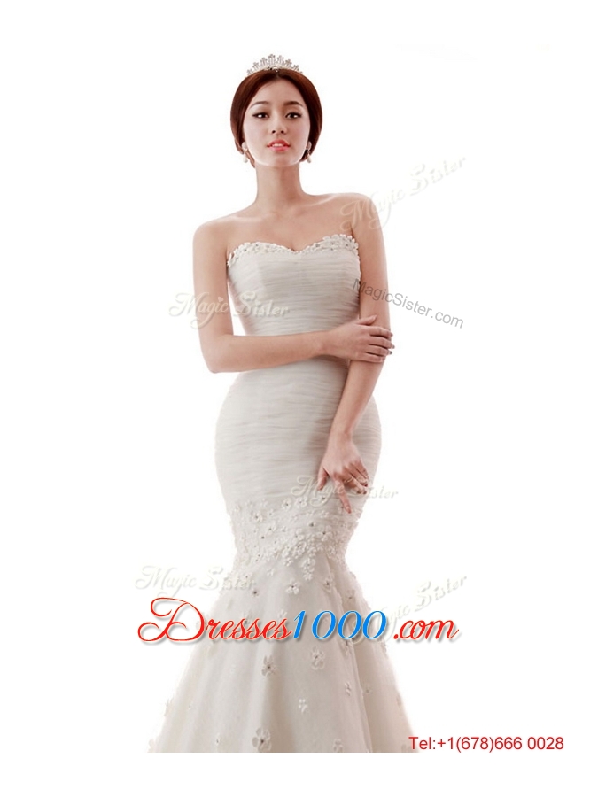 Pretty Remarkable Mermaid Hand Made Flowers Wedding Gowns with Court Train
