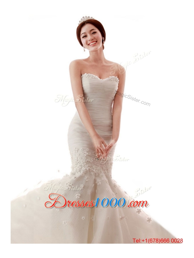 Pretty Remarkable Mermaid Hand Made Flowers Wedding Gowns with Court Train