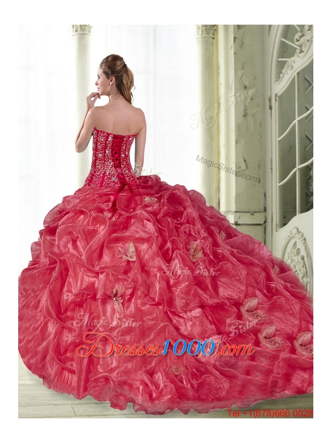 2015 Most Popular Coral Red Dress for Quinceanera with Pick Ups and Ruffled Layers