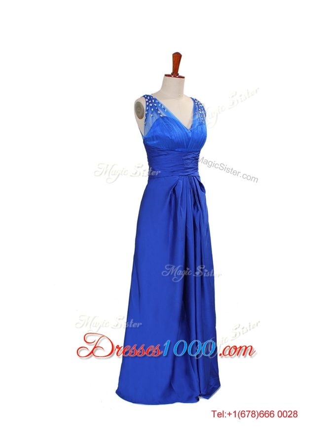 2016 Winter New Empire V Neck Blue Prom Dresses with Beading