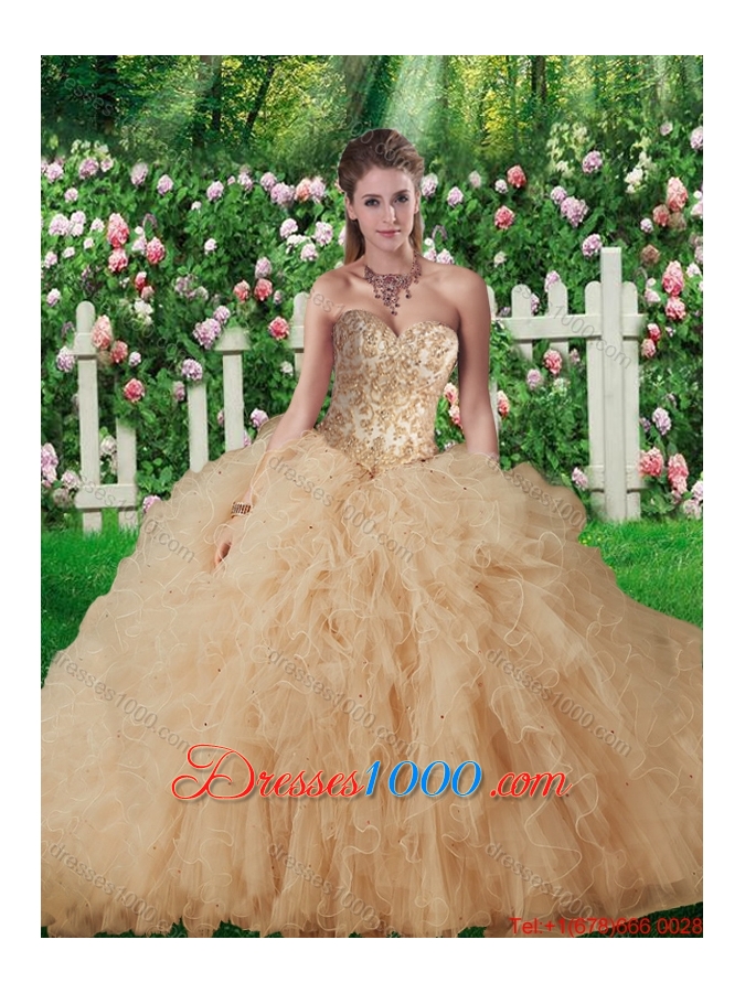 New Style Sweetheart Champagne Quinceanera Gowns with Beading and Ruffles