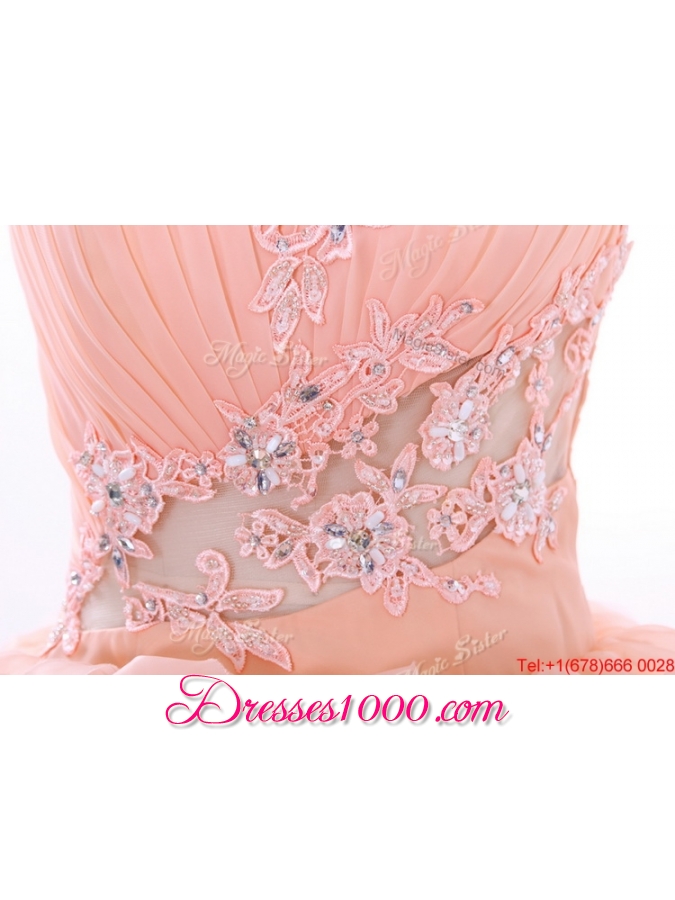 Pretty Romantic A Line One Shoulder Ruffles Wedding Gowns in Watermelon Red