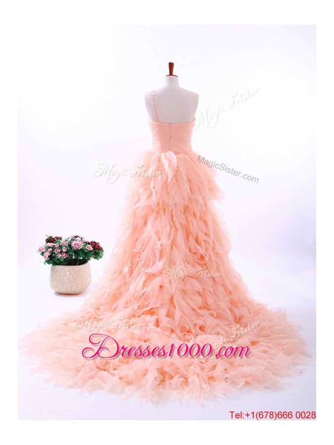 Pretty Romantic A Line One Shoulder Ruffles Wedding Gowns in Watermelon Red