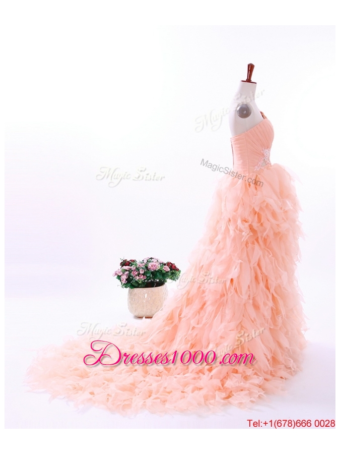 Pretty Romantic A Line One Shoulder Ruffles Wedding Gowns in Watermelon Red