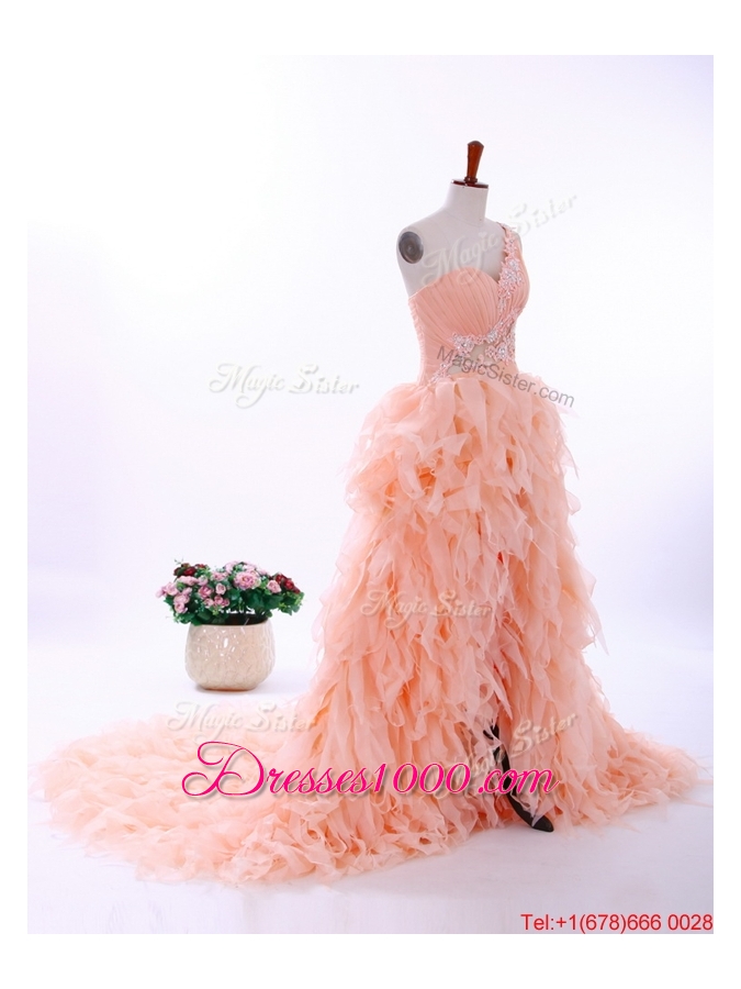 Pretty Romantic A Line One Shoulder Ruffles Wedding Gowns in Watermelon Red