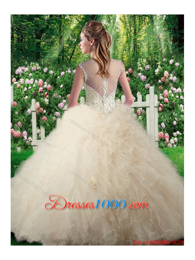 Romantic Ball Gown Champagne Sweet 16 Dresses with Beading and Ruffles