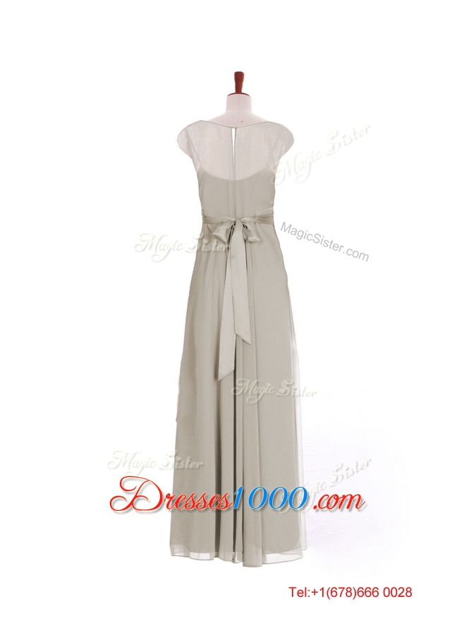 Simple Bateau Grey Long Prom Dresses with Beading and Sashes