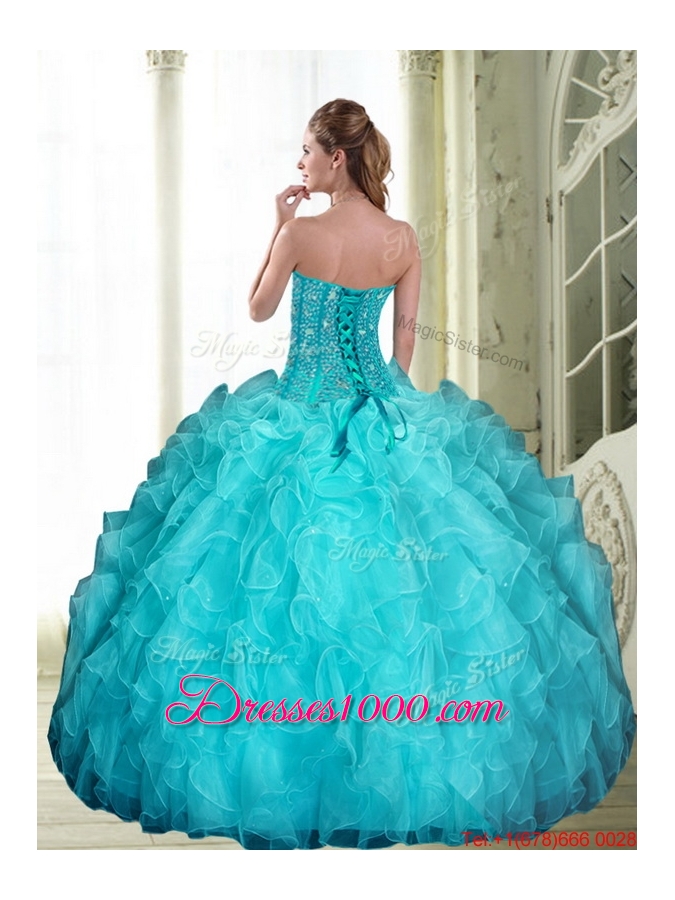 2015 Designer Beading and Ruffles Sweetheart Quinceanera Dresses in Aqua Blue