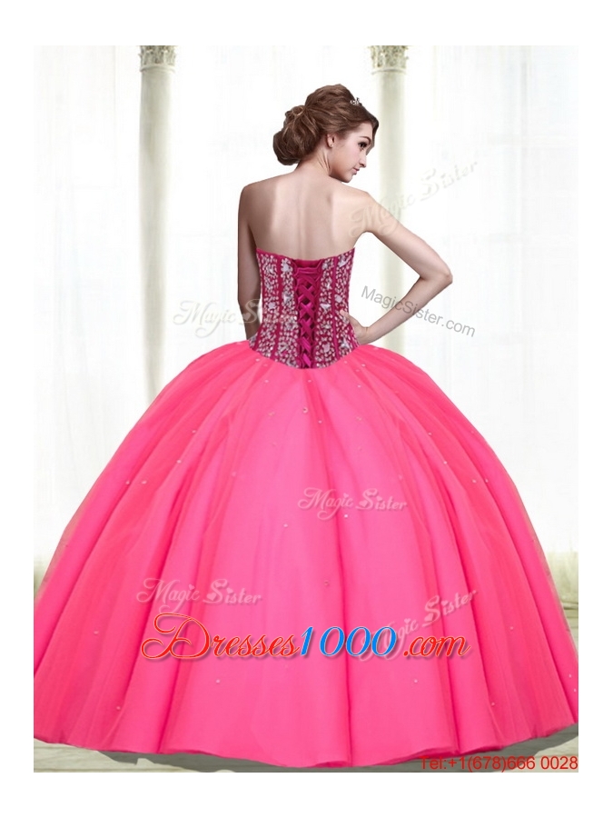 2015 Designer Beading Sweetheart Tulle Hot Pink Quinceanera Dresses
