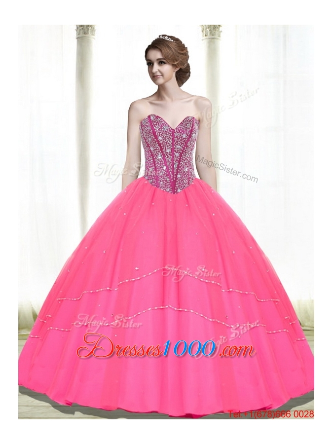 2015 Designer Beading Sweetheart Tulle Hot Pink Quinceanera Dresses