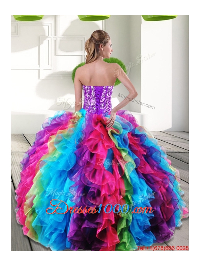 2015 Fashionable Beading and Ruffles Sweetheart Quinceanera Dresses in Multi Color