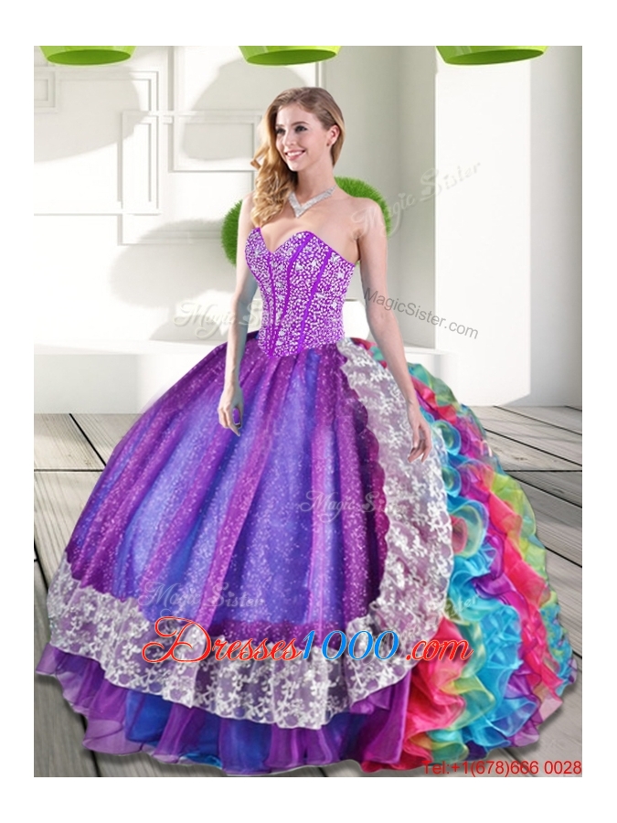 2015 Fashionable Beading and Ruffles Sweetheart Quinceanera Dresses in Multi Color