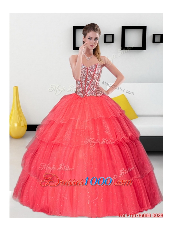 2015 Most Popular Beading and Ruffled Layers Sweetheart Quinceanera Dresses in Coral Red